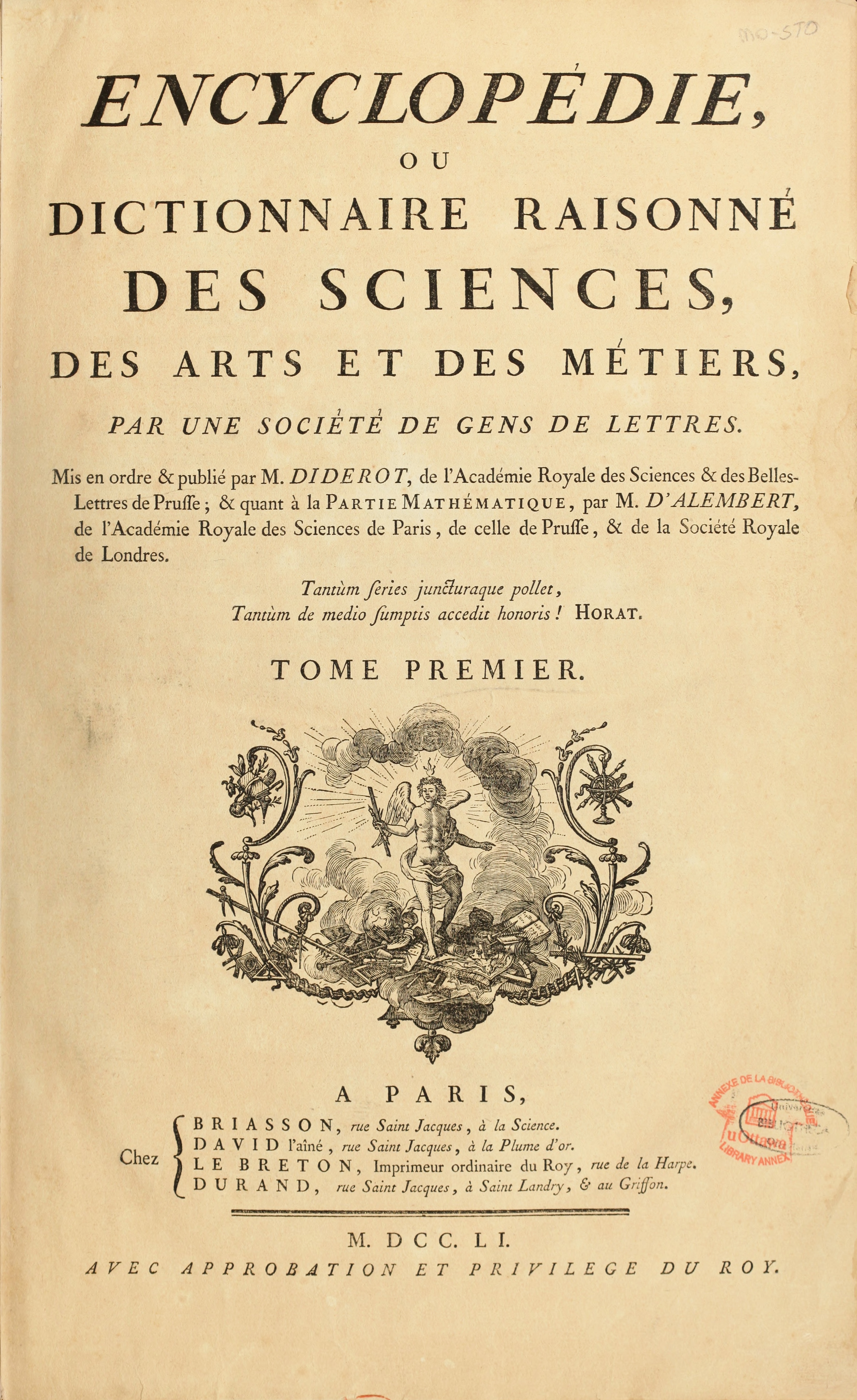 Title page of the first volume of the Encyclopédie, 1751
