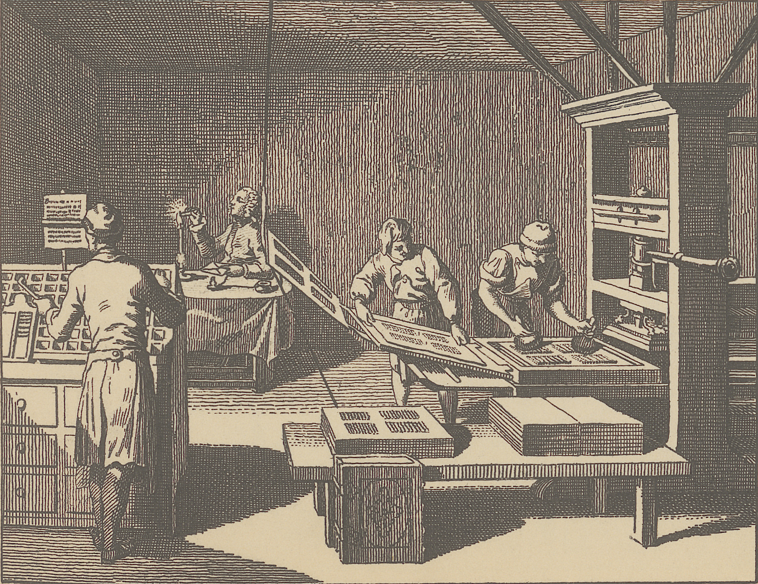Engraving of a print shop by Daniel Chodowiecki, late 18th century